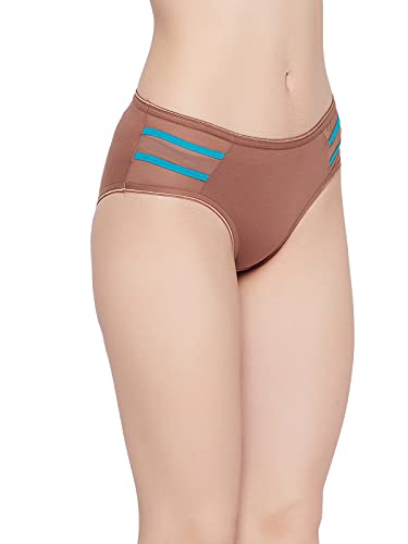 Image of Clovia Women's Cotton Mid Waist Hipster Panty with Powernet Panels & Pipings in Brown