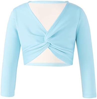 easyforever Kids Girl's Thick Knot Ruched Dance Crop Tops Ballet Wrap Shrug Sweater Long Sleeve Wrap Tops Sweatshirt Light Blue 5-6 Years