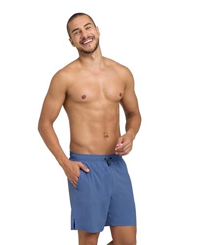 Arena Men’s Evo Solid Beach Boxer with Pockets Anti-Chafe Mesh Inner Brief Smart-Lock Lace Drawcord Quick Dry Stretch Athletic Performance Comfort Pool Outdoor Water Sports Swimming, Grey Blue, Medium