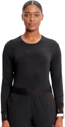 Cherokee Infinity Womens Long Sleeve Underscrub Top, Round Neck, Thumbholes, Moisture-Wicking 360° Stretch - IN640, L, Black