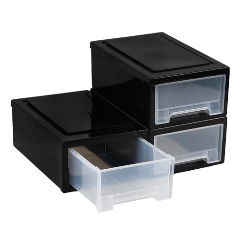 Tstorage 3 Packs 6 Quart Stackable Plastic Storage Drawers, Small Stacking Drawer Storage, Black