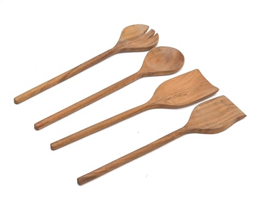 Image of Sanjeev Kapoor by OGGN Acacia Wood Serving & Cooking Spoon Set of 4, Handmade Wooden Spatula Set for Cooking, Non Stick Kitchen Tools, Turner, Ladle, Pasta & Frying Spoon, Natural Cookware