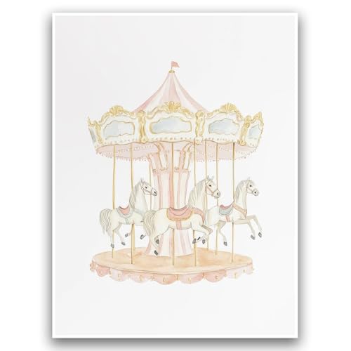 HGHGLX Girls Room Decor Baby Girl Nursery Wall Art Decor Kids Room Picture Children Poster Playroom Art Print Watercolor Pink Carousel Nursery Poster 12x16 Inch UnFramed Carnival Print