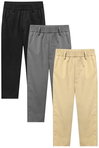 VOGRYE Boys School Uniform Pants 3 Pack, Stretch Pull-On Trousers with Elastic Waist & Pockets 6-14Y