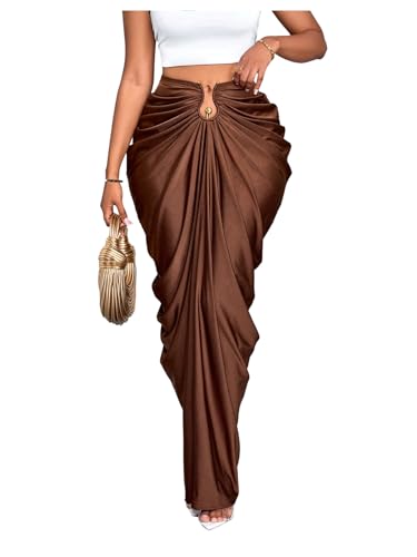 WDIRARA Women's Ruched Bodycon Maxi Skirt Cocktail Party High Waisted Long Fishtail Skirts Coffee Brown Large