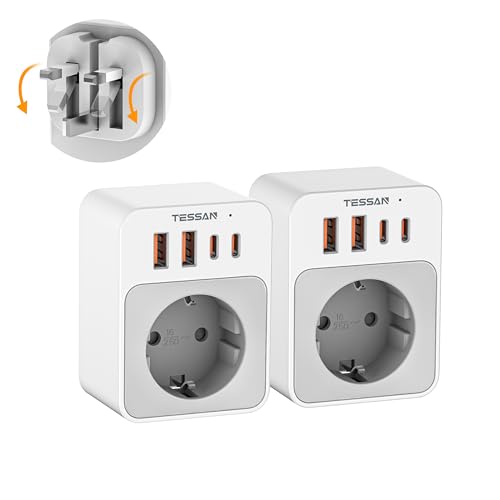 TESSAN 2 Stück Klappbarer Adapter England Deutschland Stecker, 5 in 1 Reiseadapter UK Adapter auf EU, Steckdosenadapter England 2 USB C und 2 USB A, Reisestecker Typ G für London, Schottland, Irland TESSAN 2 Stück Klappbarer Adapter England Deutschland Stecker, 5 in 1 Reiseadapter UK Adapter auf EU, Steckdosenadapter England 2 USB C und 2 USB A, Reisestecker Typ G für London, Schottland, Irland
