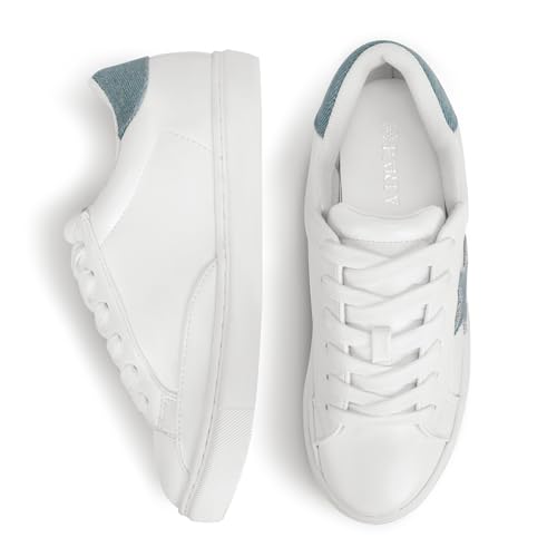 Image of PARTY Women's Fashion Sneaker Lace Up Low Top Comfortable Cushioned Walking Shoes,Podcast,White Denim Blue PU,5.5