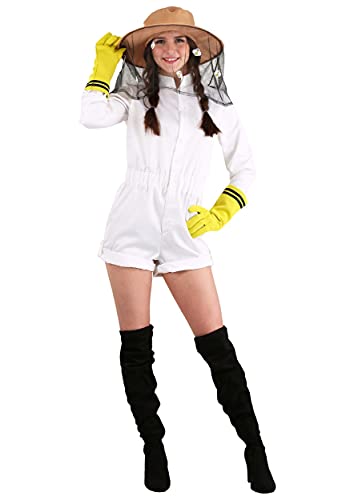 Women's Busy Beekeeper Costume - Romper, Hat with Attached Netting, Gloves - Bumble Bee Theme