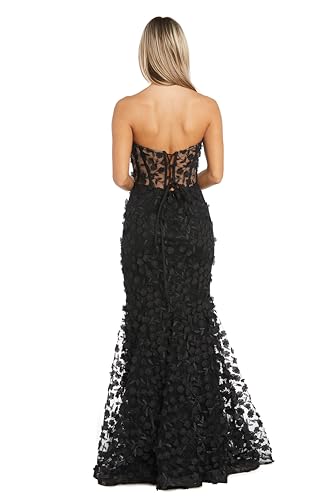 Image of Women's Long Strapless Corset Gown W / 3D Floral Applique, Sheer Illusion Bodice, Side Slit & Detachable Straps