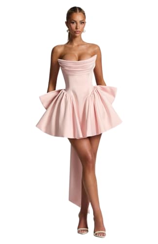 lphirkut Pleated Homecoming Dresses with Bow Strapless Corset Short Cocktail Party Dress A Line Mini Homecoming Gowns Size 4,Blushing Pink