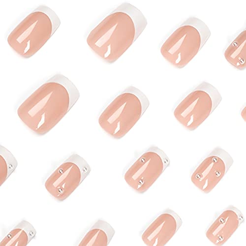 Babalal Square Press On Nails Medium French Tip Fake Nails With Nail Guel White French Glossy Glue On Nails 24Pcs Squoval Acrylic Nails With Pearl Designs Full Cover False Nails #TOP2