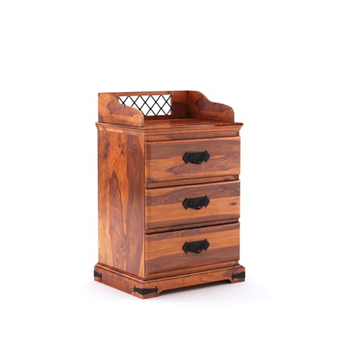 Image of Solid Sheesham Wood Bedside Table with 3 Drawer Storage End Table Sofa Side Table for Living Room Home and Office (Honey Finish)