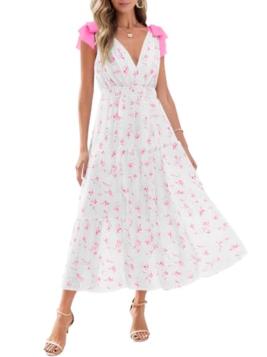 Image of Wenrine Womens Summer Floral Maxi Dress Casual Self Tie Sleeveless V Neck Smocked Boho Tiered Beach Sundresses