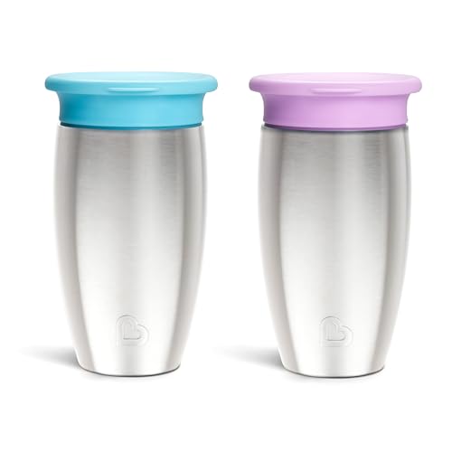 Image of Munchkin Stainless Steel Sippy Cups for Toddlers 1-3, Spill Proof Miracle 360 Cup, Insulated, 10 Ounce, 2 Pack, Blue/Purple
