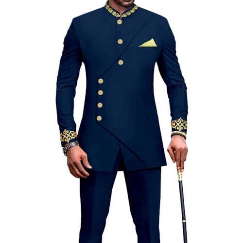 Mens 2 Piece Suit Long Sleeve African Traditional Outfit Slim Fit Formal Dashiki Gold Embroidery Jackets and Pants