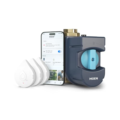 Image of Moen 900-002 Flo by Moen 1-1 /4-Inch Smart Water Shutoff with 920-005 Flo by Moen Smart Water Detector, 3-Pack