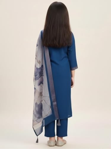 Image of Girls Ethnic Embroidered Silk Kurta Pant and Jacquard Dupatta Set | Kids Salwar Suit | three piece Traditional Outfit
