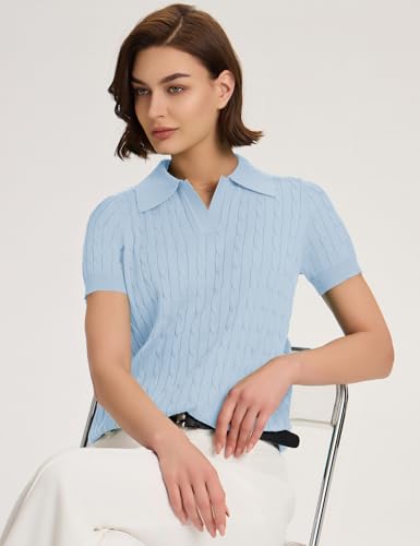Image of Micoson Womens Short Sleeve Sweater Tops Lapel V Neck Polo Shirts 2026 Summer Cable Knit Loose Blouse Business Casual Outfits