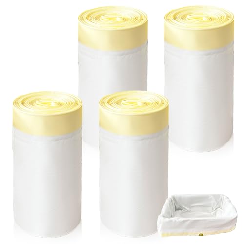 Behogan Lot de 4 rouleaux de sacs à litière XXL pour chat - 104 x 45 cm - Couleur blanche - Avec cordon de serrage jaune - Sacs poubelle durables et indéchirables - Pour litière autonettoyante