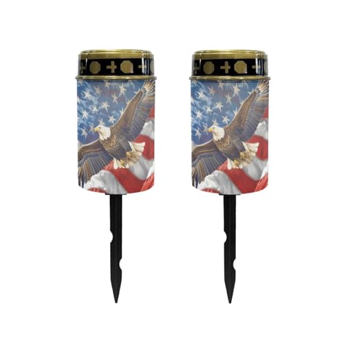 Image of Poceacles Eagle American Flag Pattern Solar Lights Outdoor Waterproof Grave Lights for Cemetery LED Flameless Candle Cemetery Solar Pillar Candles Outdoor Decor, 2 Piece