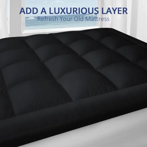 Image of ELEMUSE 1300gsm College Dorm Twin XL Extra Thick Mattress Topper | Overfilled PillowTop with Baffle Box Design, Hand Made 400TC Cotton Pad Cover,Plush Support Snow Down Alternative,Black