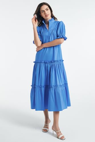 Image of D-Sun Women Casual Button Down Maxi Dress Short Puff Sleeves Stand Collar Tiered Elegant Flowy Swing Long Dress with Tie