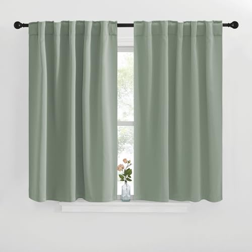 NICETOWM Window Treatment Curtain Panels - (Greyish Green Color) W42 x L40, 2 Pieces, Semi Blackout Window Treatment Drape Panel for Kids Bedroom Grey