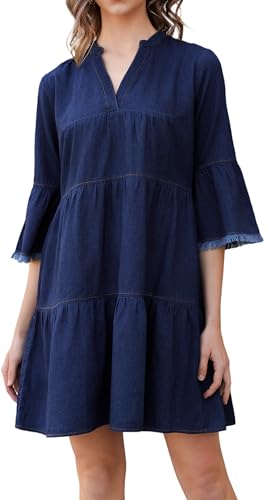 OVRUNS Women's Denim Dress V Neck Tiered Jean Dress Flowy Babydoll Dresses