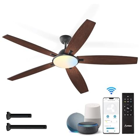 Amico Ceiling Fans with Lights, 52'' Smart Modern Ceiling Fan with Remote Control, Reversible DC Motor, 5 Blades, 6 Speeds, 3CCT, Dimmable, Noiseless, Alexa Ceiling Fan for Bedroom, Kitchen, Farmhouse Cover