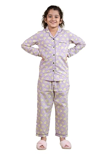 Image of Tweeny Mini Kids Girls Pure Rayon Night Suit | Sleepwear| Night Wear | Nightdress | Top Shirt & Pyjama Combo Set Floral Printed with Pockets Full Sleeves