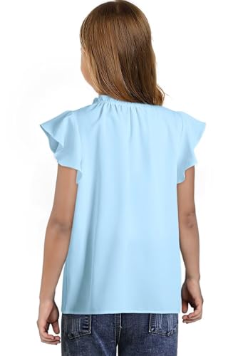 Image of DOKOTOO KIDS Girls Short Sleeve Blouse Dress Shirt Top Size 7-15 Years Old | None Elastic Fabric, Ruffle V Neck, Pull on, Solid Collared Formal, Flowy Casual Flutter Spring Summer Western Top