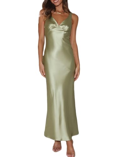 Image of VUBIYA Women's Summer Satin V Neck Backless Maxi Dress Wedding Guest | Open Back Tie-Back, Low Back Sleeveless, Formal Bridesmaid, Elegant Cocktail, Vacation Beach, Date Night and Party
