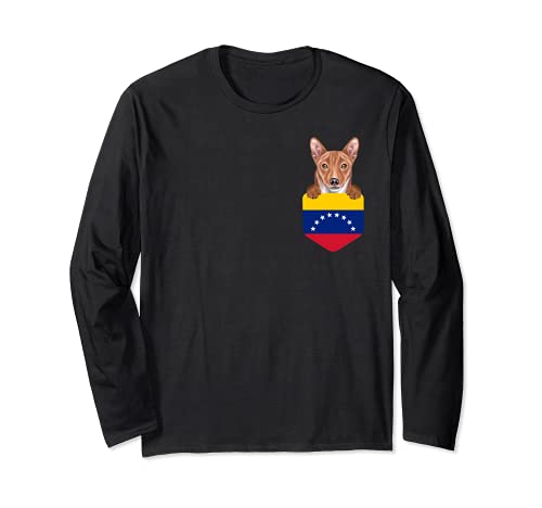 Venezuela Flag Basenji Dog In Pocket Long Sleeve T-Shirt, Black