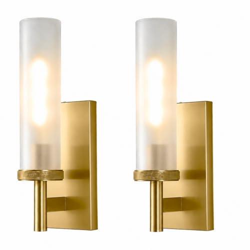 LumoCraft 16 Inch Gold Wall Sconces with Frost Glass Brushed Brass Gold Bathroom Sconces Set of 2 (Bulb Included)