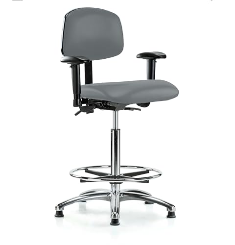 Image of Perch Chrome Stationary Multi-Task Office Chair with Adjustable Armrests and Foot Ring | High Bench Height 24-33.5 inch | Cinder Fabric