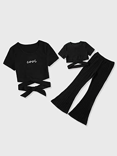 Image of WDIRARA Girl's 2 Piece Outfits Crisscross Cut Out Short Sleeve Tee and Flare Leg Pants Set Black 9Y