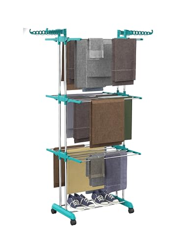 Image of LOT Ley Stainless Steel Clothes Drying Stand Foldable, Double Rack Cloth Dryer Stand, Heavy Duty Laundry Drying Rack, Rust Proof Steel Stand for Clothes, Indoor & Outdoor, 120 x 54 x 94 cm (skygreen)