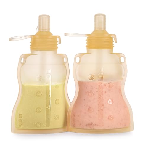 Image of haakaa Silicone Refillable Squeezy Baby Food Yummy Pouch Homemade Organic Food for Babies/Toddlers/Kids, 2 Pack 4 oz, Banana,6 m+