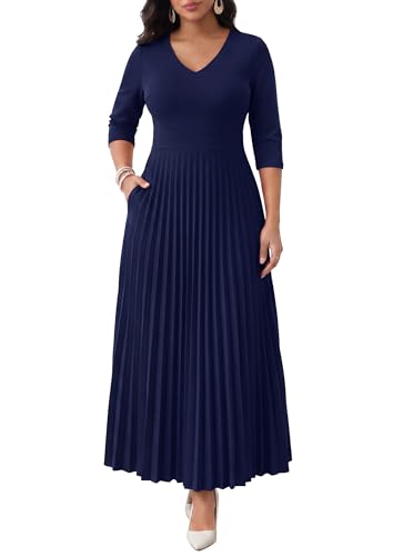 Image of FANDEE Women's V-Neck Pleated Maxi Dress A-Line 3 /4 Sleeve with Pockets