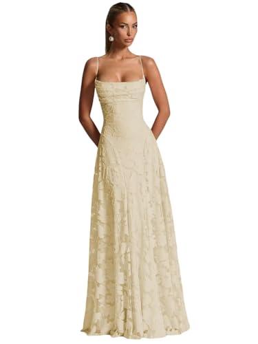 Loyeloy Women's Spaghetti Straps Lace Floral Bridesmaid Dresses Long 2025 Sexy Backless Aline Maxi Wedding Guest Dress