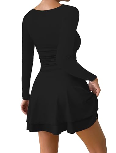 IWD Women's Square Neck Long Sleeve Mini Dress Ruched Corset Waist Tiered Ruffle Hem A Line Short Party Dresses3