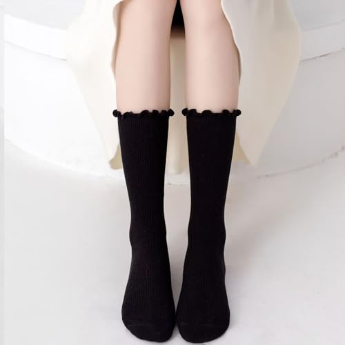 Image of Womens Ruffle Socks Fashion Breathable Solid Color Turn-Cuff Cute Girls Ankle Socks 3 Pairs