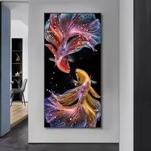 MAIMANG 1 Stück abstraktes Koi-Leinwandgemälde, Wandkunst, Fischposter und Drucke, Karpfenbilder für die Wohnzimmerdekoration (70 x 140 cm/rahmenlos)