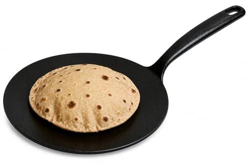 Image of Aurex Pre-Seasoned Cast Iron Tawa | 26 CM /10.2 Inch | Roti, Chapati & Paratha | Gas, Induction & All Cooktops | Naturally Non-Stick | 100% PFOA & PTFE Free, Iron-Rich Healthy Cooking, Non-Slip Handle