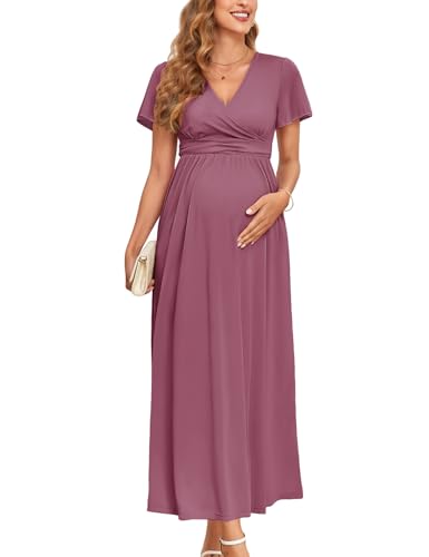 AISWI 2025 Damen Umstandskleid, Maxikleid, langärmelig, Wickelkleid, V-Ausschnitt, Schwangerschaftskleider mit Taschen, Babyparty, Fotoshooting,...