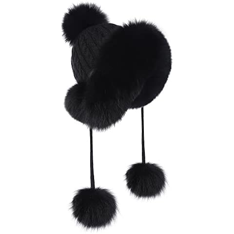Winter Hats for Women Faux Fur Beanie Hat with Pom Fuzzy Trapper Hat Ears Warm Kint Cap Lined Cute Snow Hat, black, One Size Fits All Cover