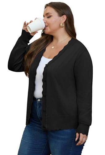 OLRIK Plus Size Cardigan for Women Cropped Long Sleeve V-Neck Buttons Down Ribbed Wave Edges Casual Knit Shrugs4