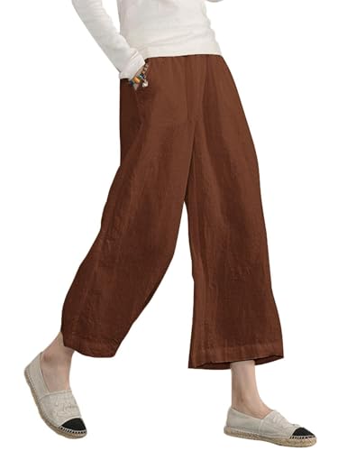 ECUPPER Womens Cotton Cropped Pants Loose Fit Wide Leg Capri Casual Plus Size Elastic Waist Trousers Brown 8