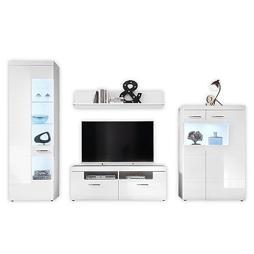 LUZERN Wohnwand Komplett-Set, Weiß Hochglanz - Moderne Schrankwand mit...