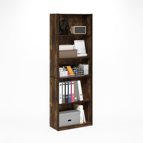 Image of Furinno GEHRY Book Shelf, 5-Tier Bookshelf with Open Shelf, Standing Bookcase with Adjustable Shelves, 11.6 x 24.8 x 71.4, for Living Room, Bedroom, Home Office, Amber Pine
